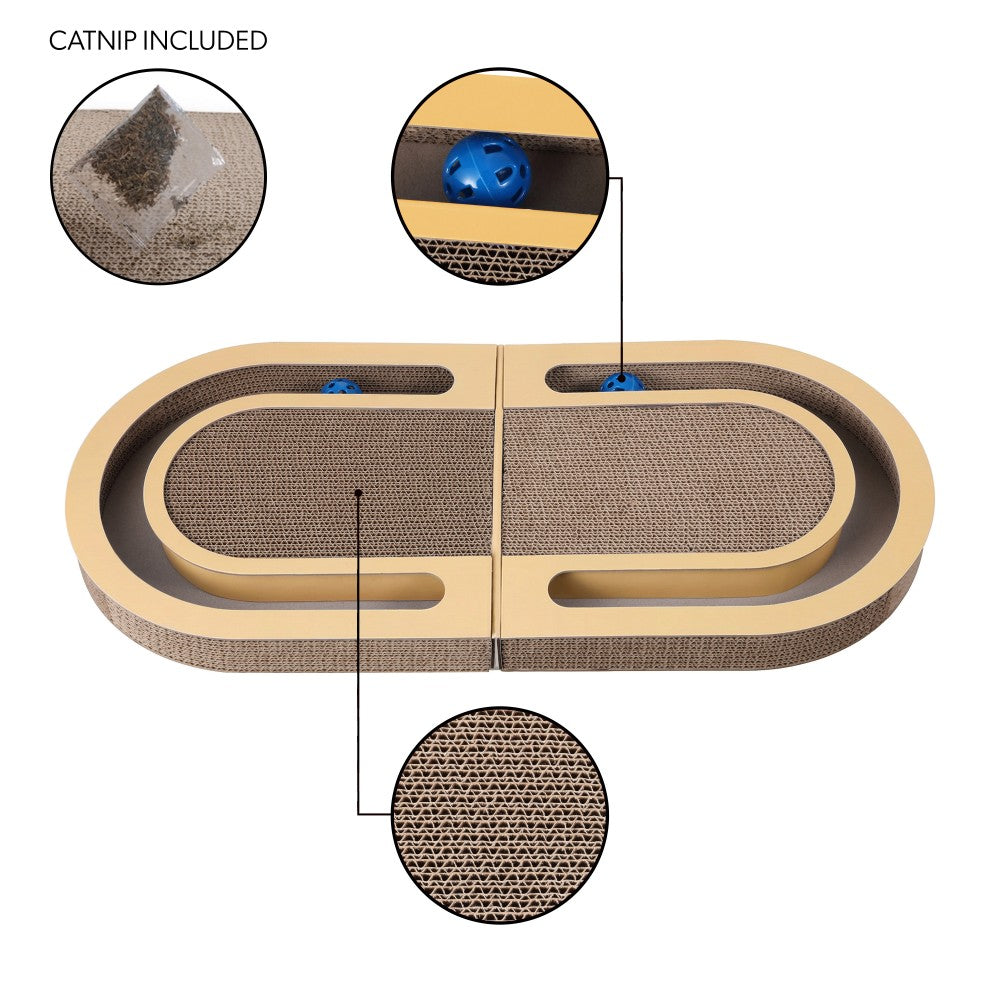 Furrio 26” Foldable Double Sided Interactive Cardboard Cat Scratcher Lounge Pad with Ball and Catnip