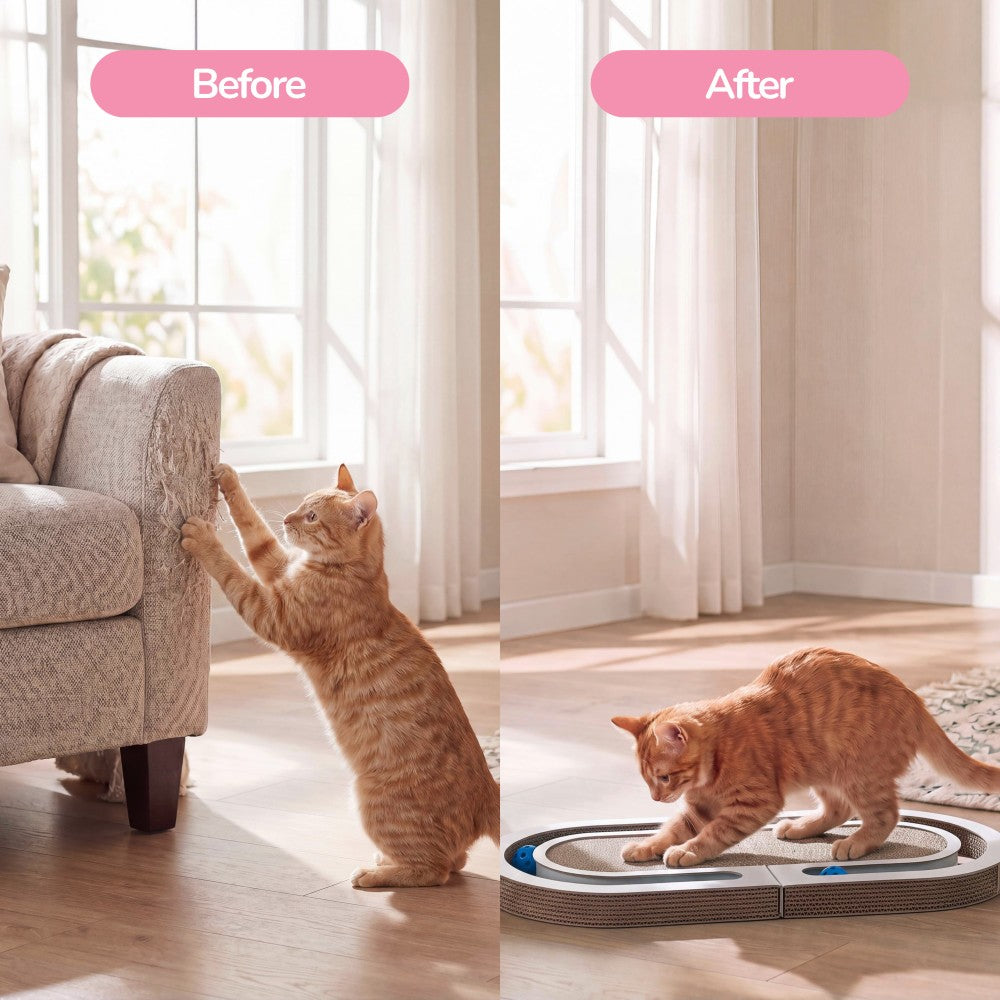 Furrio 26” Foldable Double Sided Interactive Cardboard Cat Scratcher Lounge Pad with Ball and Catnip