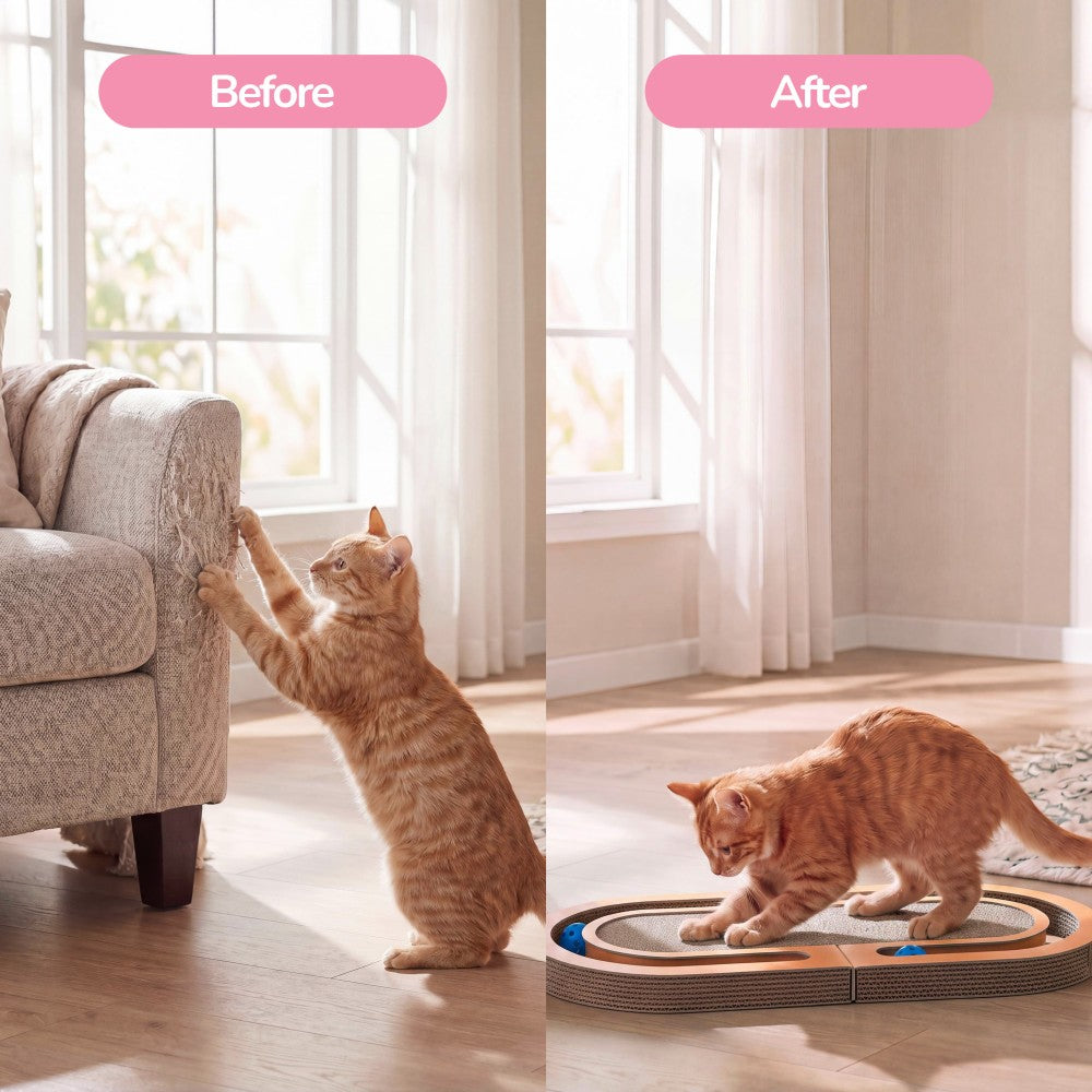 Furrio 26” Foldable Double Sided Interactive Cardboard Cat Scratcher Lounge Pad with Ball and Catnip