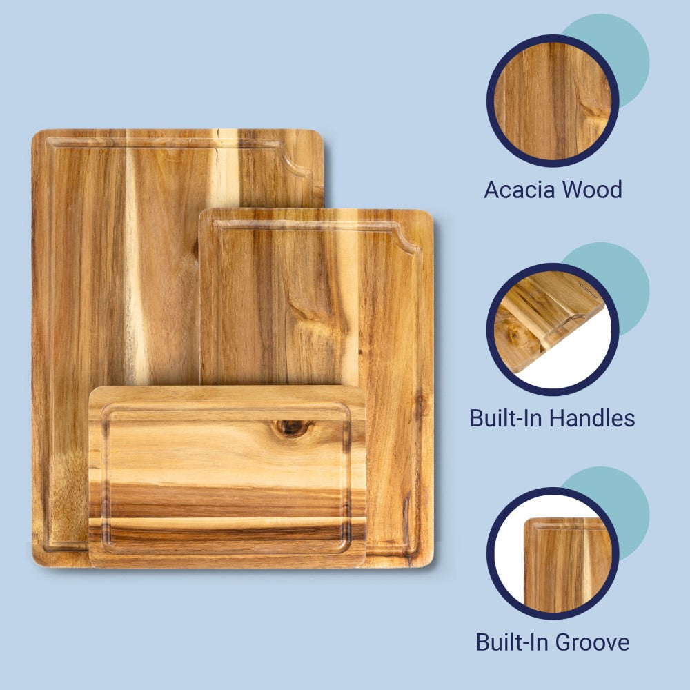 Savora Handcrafted Acacia Wood Grain Reversible Cutting Board with Juice Grooves and Built-In Handle