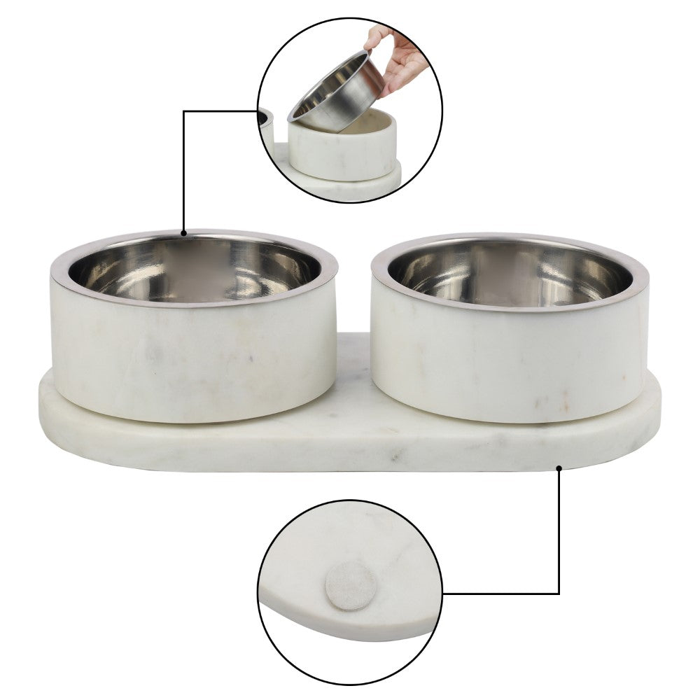 PinePaw Small/Medium Modern Weighted Double Marble and Stainless Steel Bowl 12oz (1.5 Cups) Feeder with Non-Slip Marble Tray Set