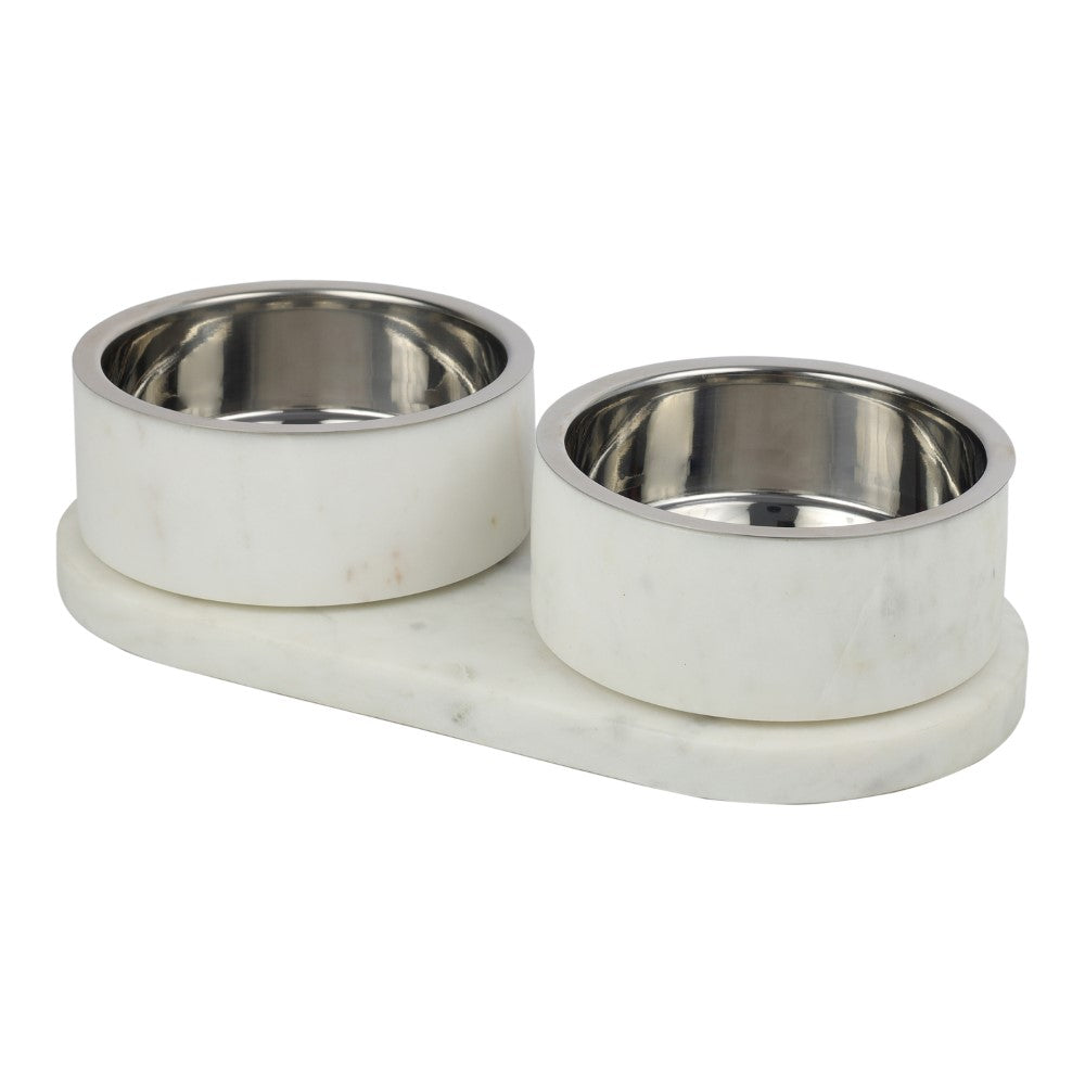 PinePaw Small/Medium Modern Weighted Double Marble and Stainless Steel Bowl 12oz (1.5 Cups) Feeder with Non-Slip Marble Tray Set