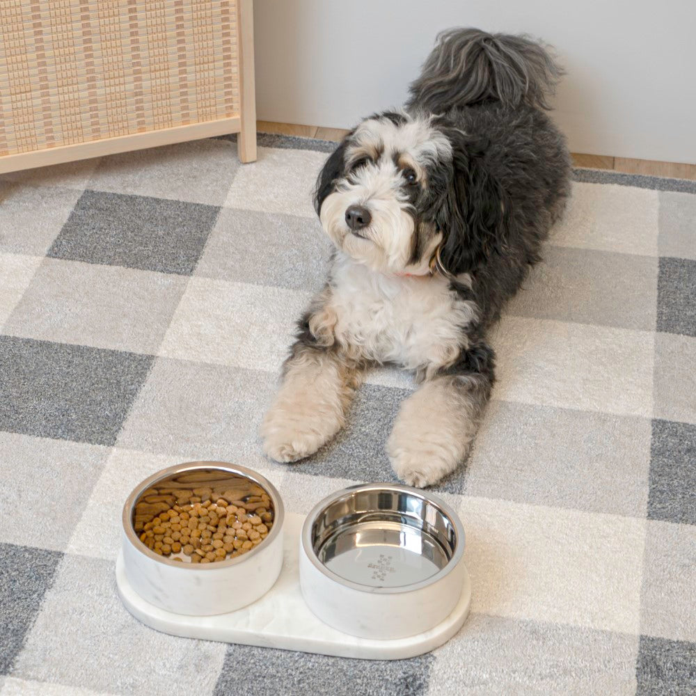 PinePaw Small/Medium Modern Weighted Double Marble and Stainless Steel Bowl 12oz (1.5 Cups) Feeder with Non-Slip Marble Tray Set