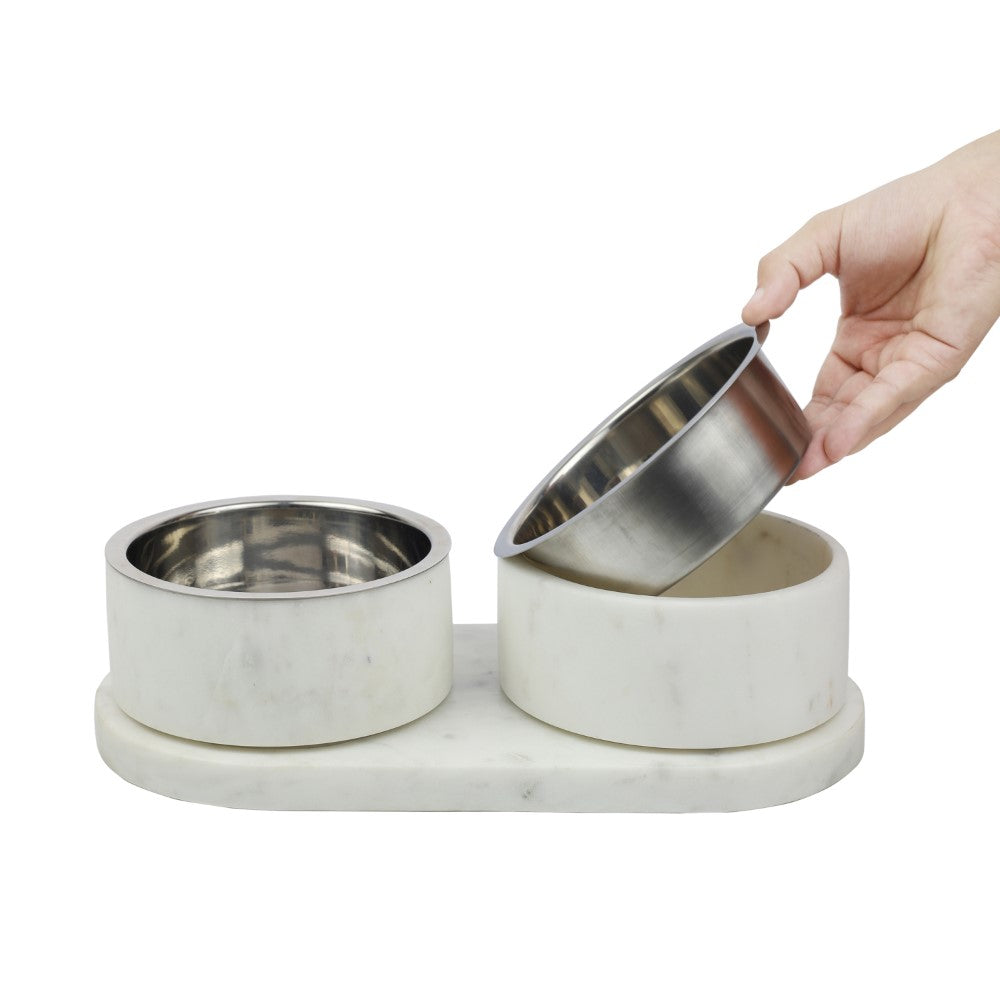PinePaw Small/Medium Modern Weighted Double Marble and Stainless Steel Bowl 12oz (1.5 Cups) Feeder with Non-Slip Marble Tray Set
