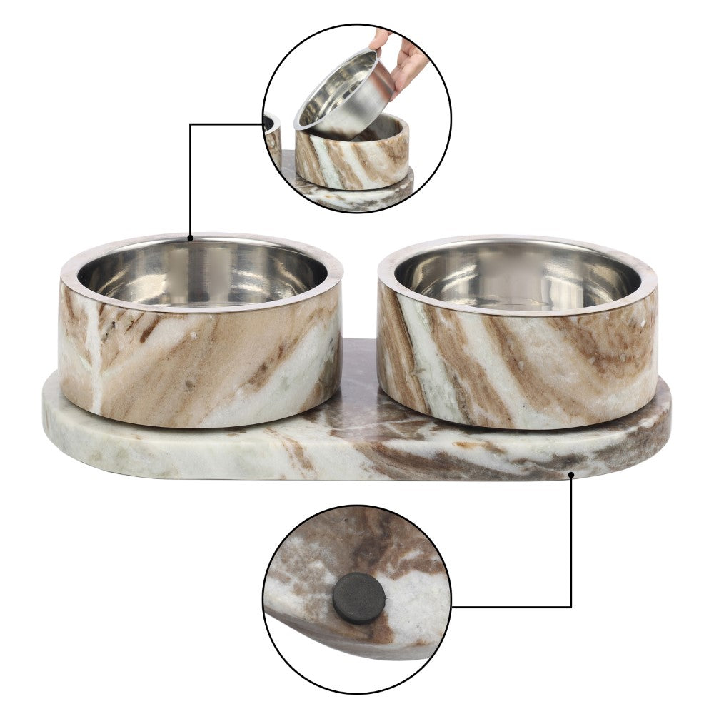 PinePaw Small/Medium Modern Weighted Double Marble and Stainless Steel Bowl 12oz (1.5 Cups) Feeder with Non-Slip Marble Tray Set