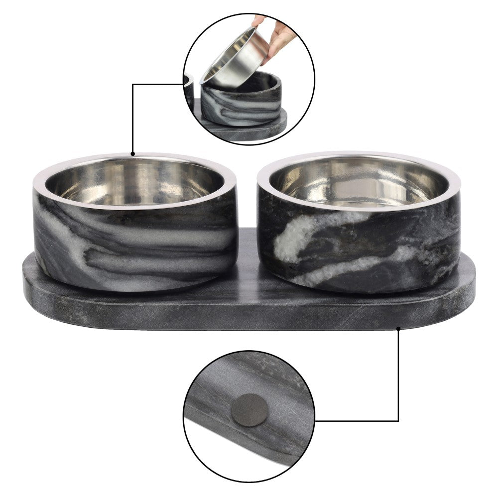 PinePaw Small/Medium Modern Weighted Double Marble and Stainless Steel Bowl 12oz (1.5 Cups) Feeder with Non-Slip Marble Tray Set