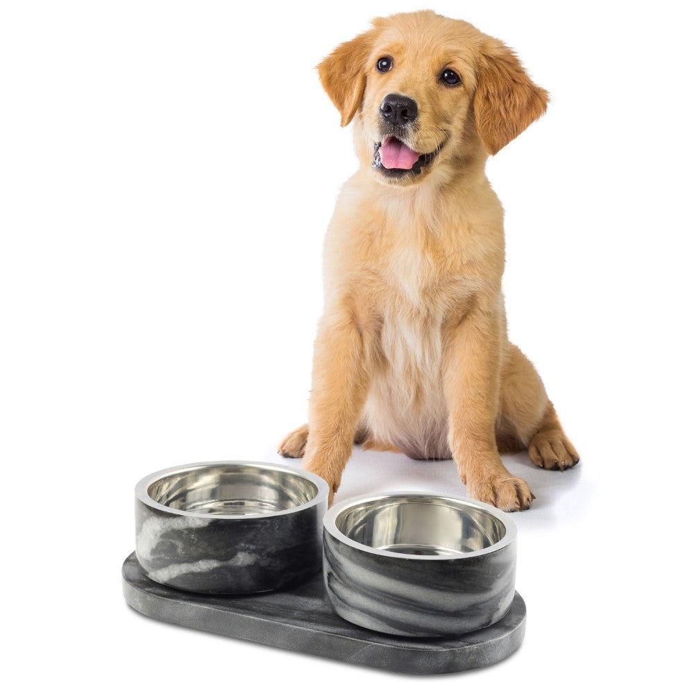 PinePaw Small/Medium Modern Weighted Double Marble and Stainless Steel Bowl 12oz (1.5 Cups) Feeder with Non-Slip Marble Tray Set