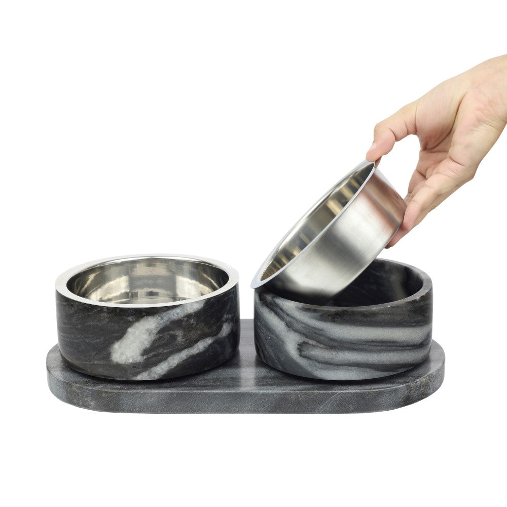 PinePaw Small/Medium Modern Weighted Double Marble and Stainless Steel Bowl 12oz (1.5 Cups) Feeder with Non-Slip Marble Tray Set