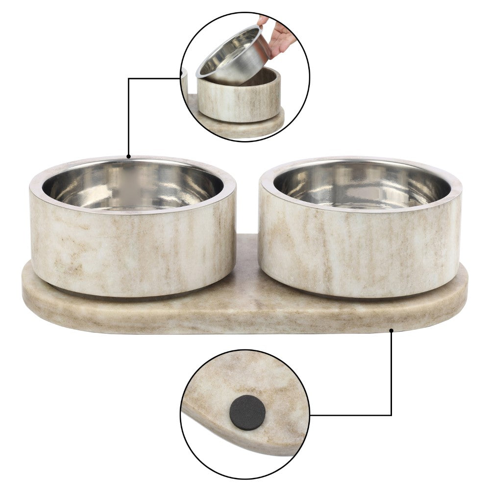PinePaw Small/Medium Modern Weighted Double Marble and Stainless Steel Bowl 12oz (1.5 Cups) Feeder with Non-Slip Marble Tray Set