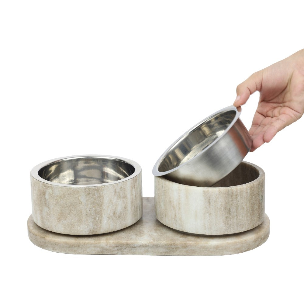 PinePaw Small/Medium Modern Weighted Double Marble and Stainless Steel Bowl 12oz (1.5 Cups) Feeder with Non-Slip Marble Tray Set