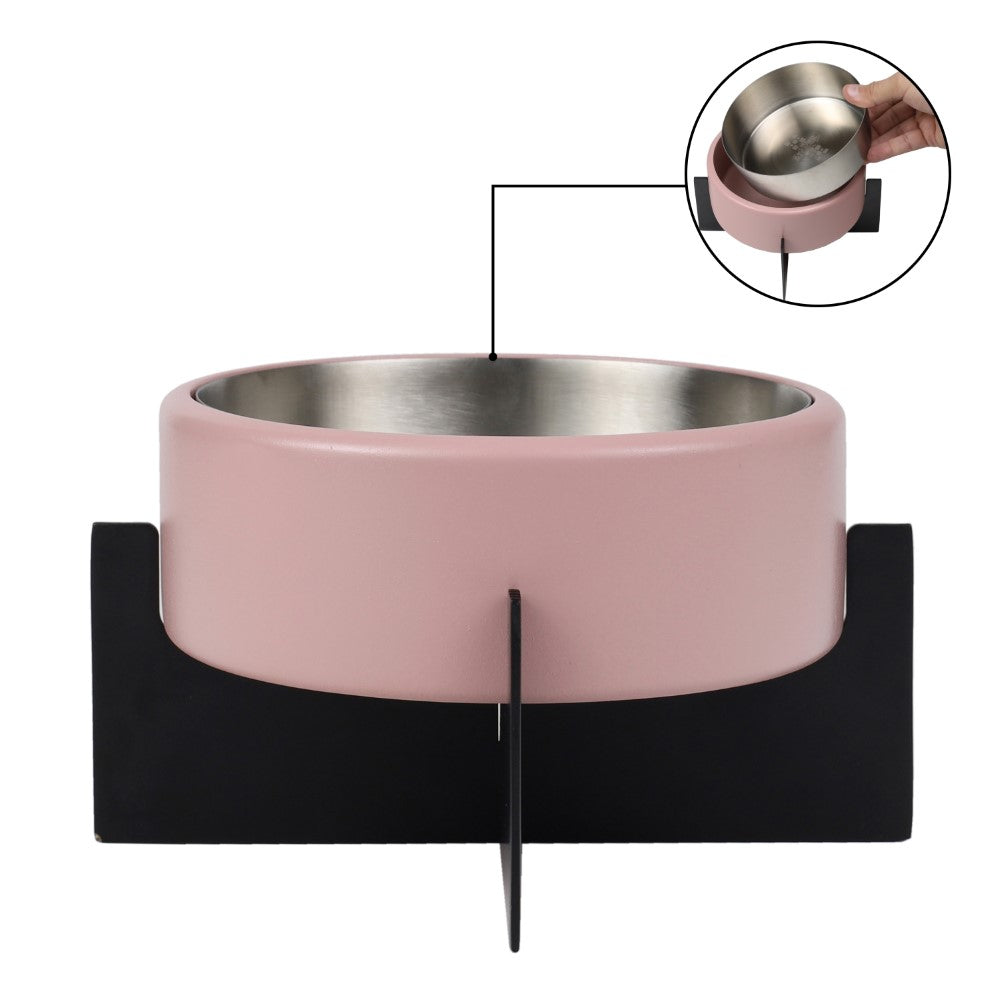 LeafLick Small/Medium Concrete and Stainless Steel Bowl 16oz (2 Cups) with Metal Stand Pet Feeder