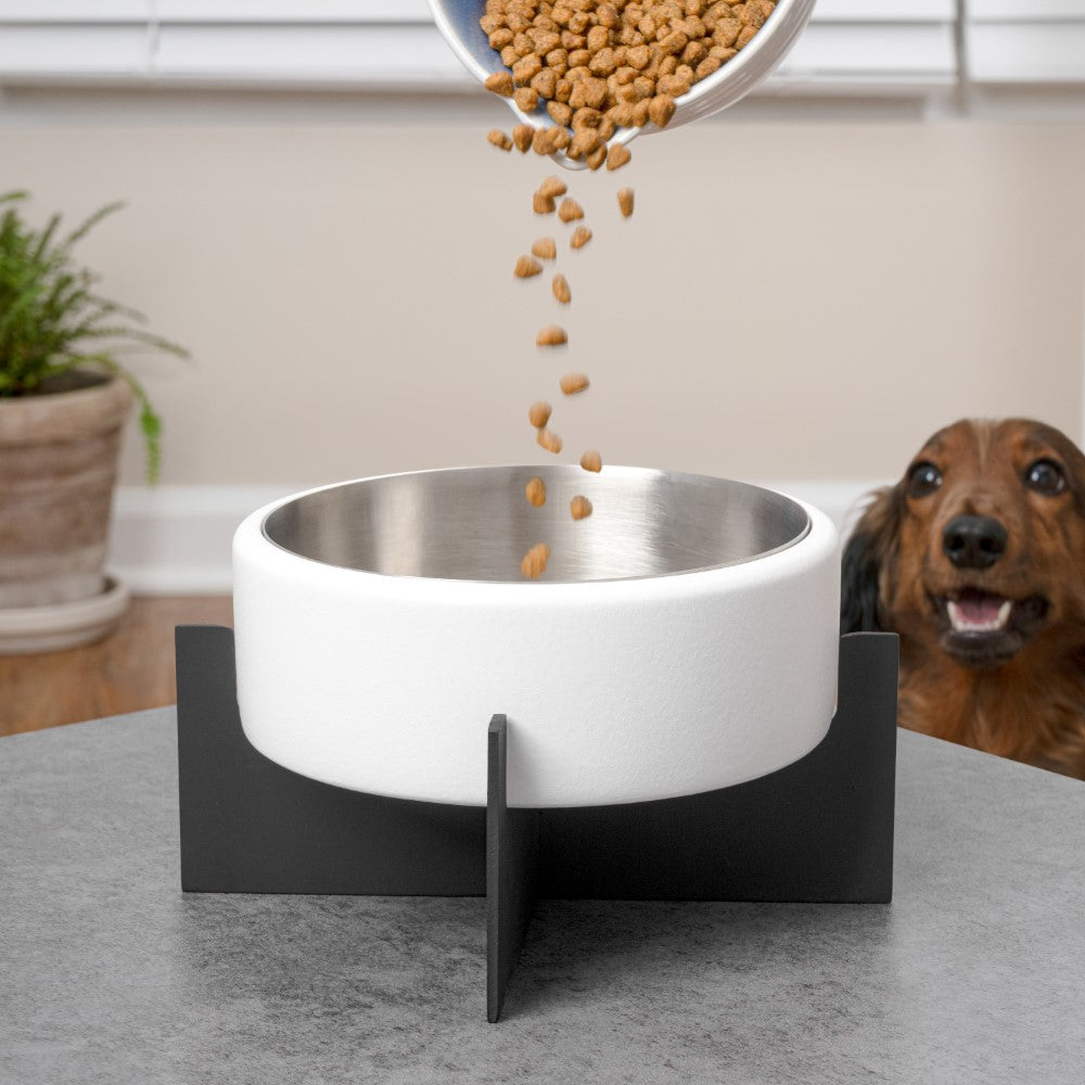 LeafLick Small/Medium Concrete and Stainless Steel Bowl 16oz (2 Cups) with Metal Stand Pet Feeder