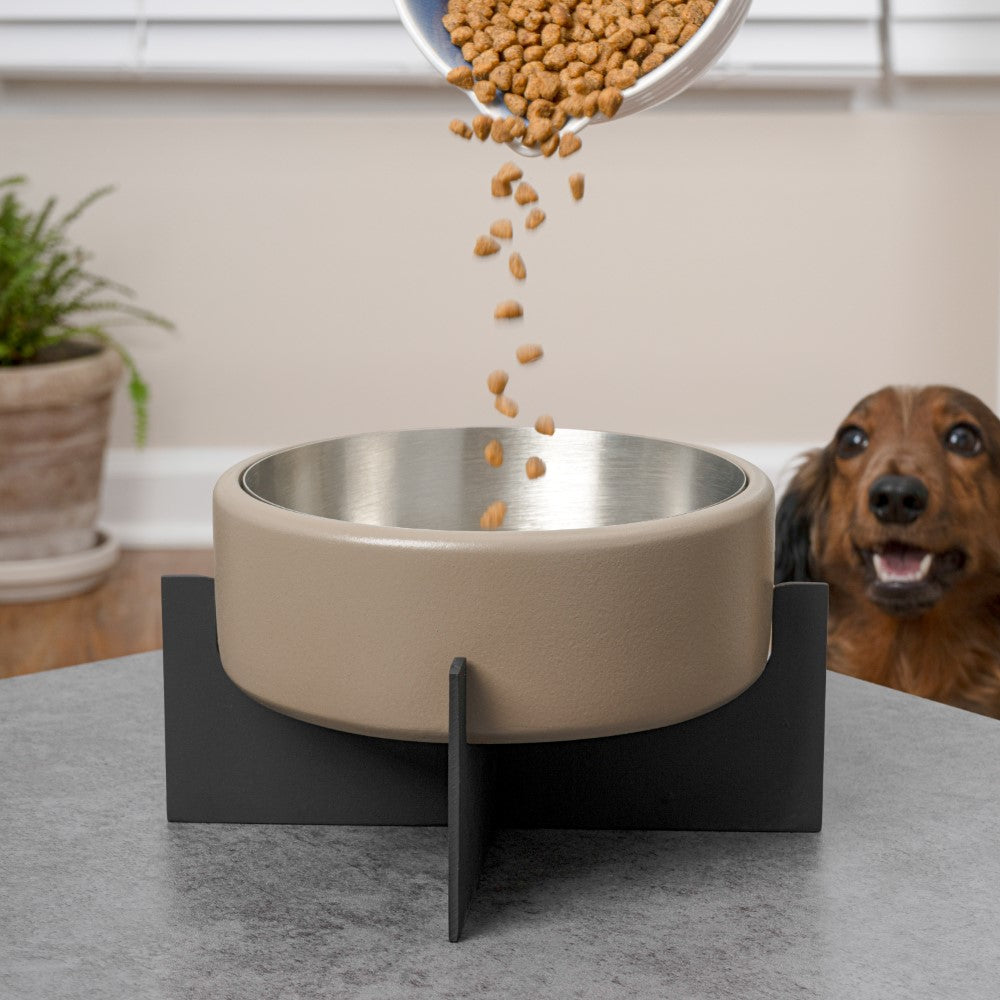 LeafLick Small/Medium Concrete and Stainless Steel Bowl 16oz (2 Cups) with Metal Stand Pet Feeder