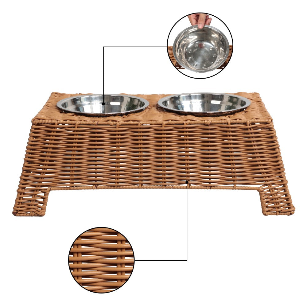 BreezeBite 6.9" Small/Medium Elevated Wicker Pet Feeder with 18oz (2.2 Cups) 2-Stainless Steel Bowls