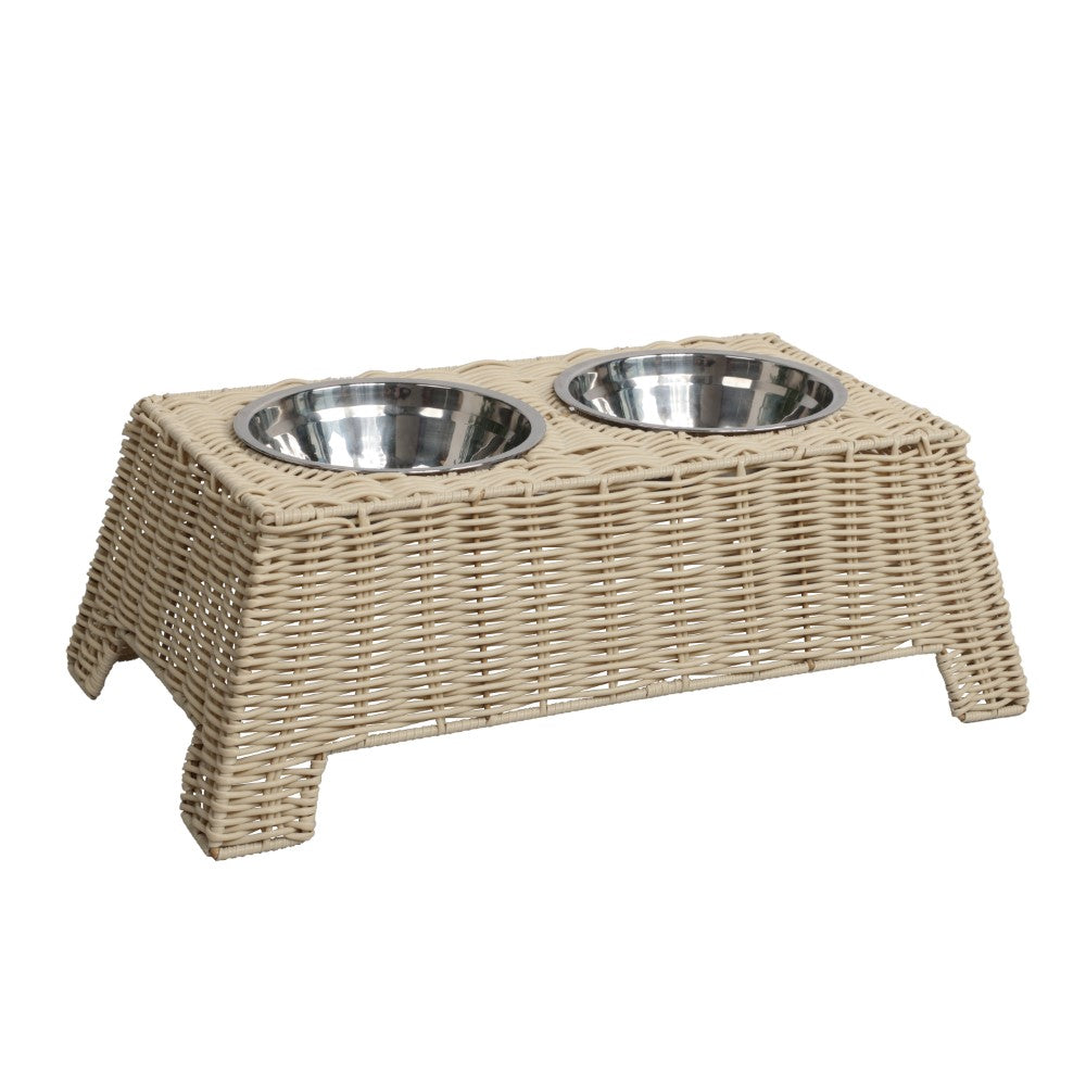 BreezeBite 6.9" Small/Medium Elevated Wicker Pet Feeder with 18oz (2.2 Cups) 2-Stainless Steel Bowls