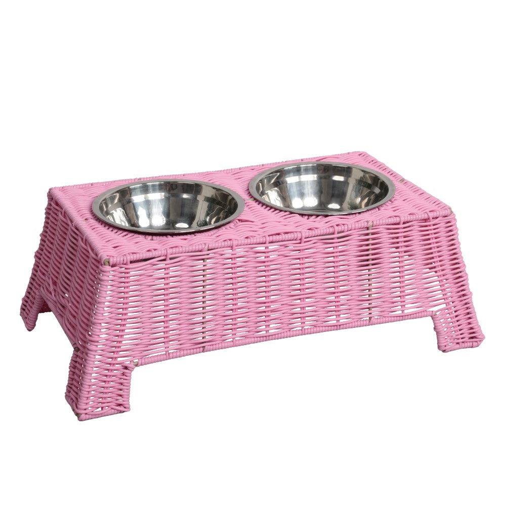 BreezeBite 6.9" Small/Medium Elevated Wicker Pet Feeder with 18oz (2.2 Cups) 2-Stainless Steel Bowls