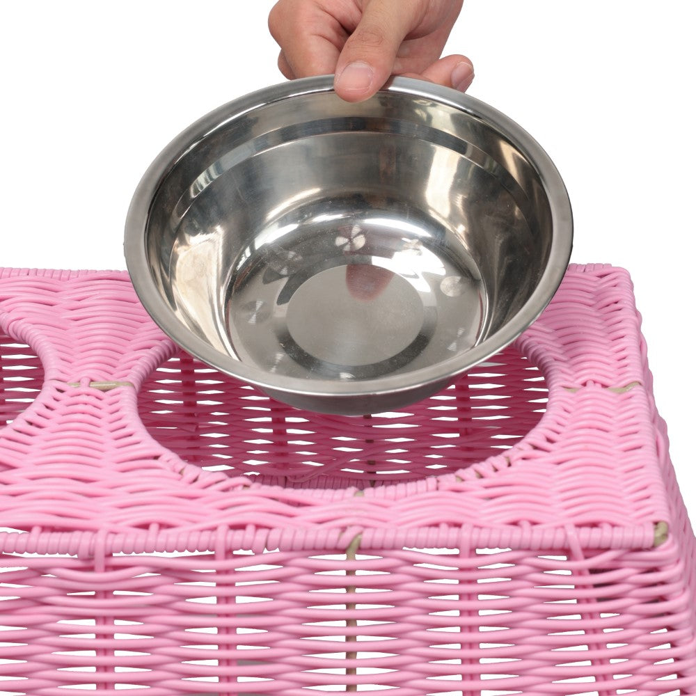 BreezeBite 6.9" Small/Medium Elevated Wicker Pet Feeder with 18oz (2.2 Cups) 2-Stainless Steel Bowls