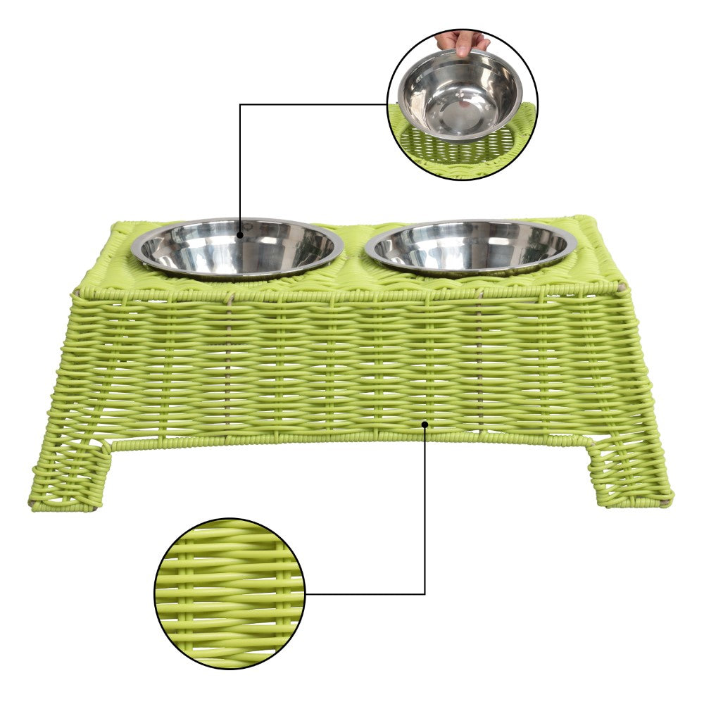 BreezeBite 6.9" Small/Medium Elevated Wicker Pet Feeder with 18oz (2.2 Cups) 2-Stainless Steel Bowls