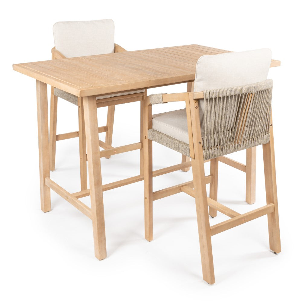 Caribbean Modern Coastal 3-Piece Acacia Wood Outdoor Bar Set with Cushions