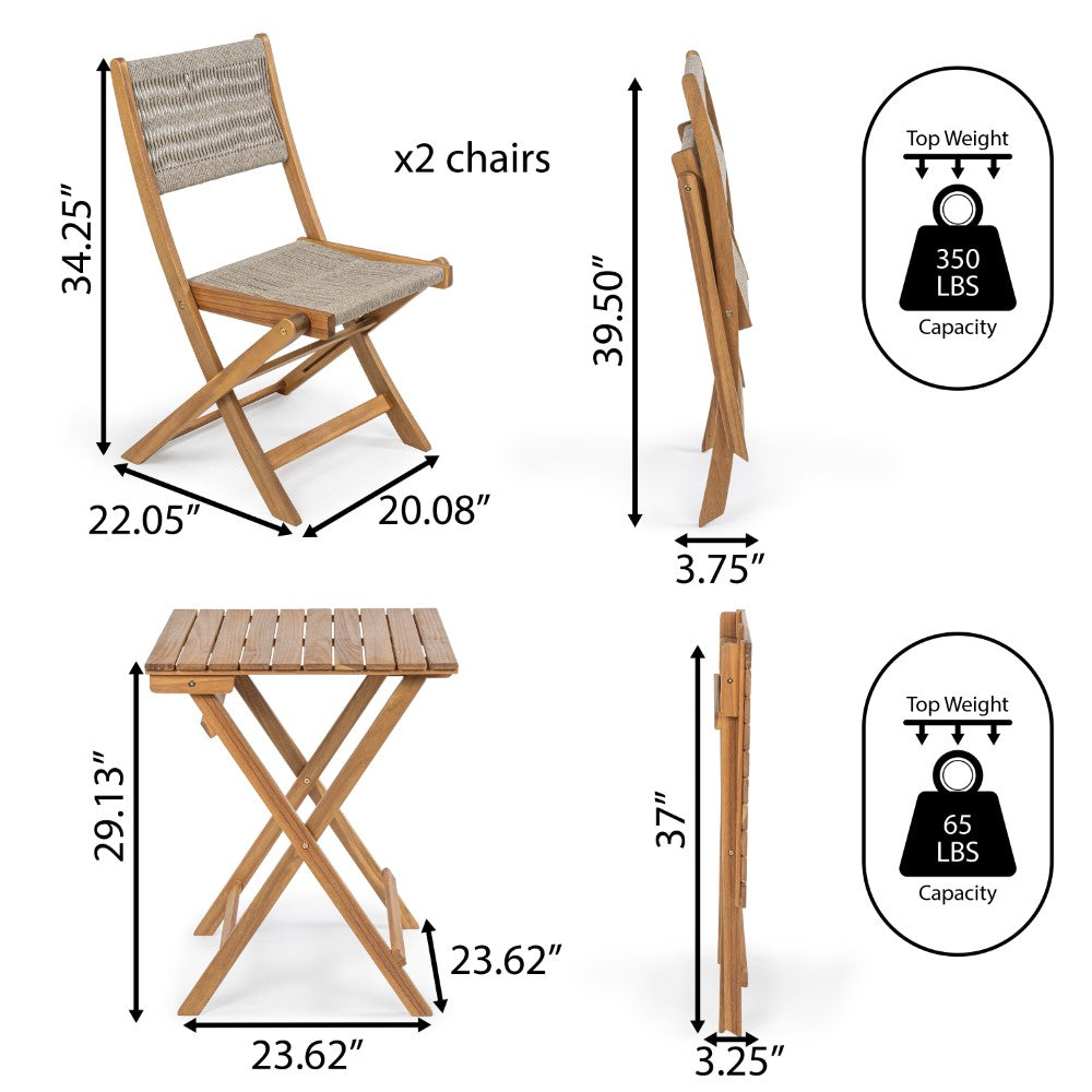 Nancy Modern Coastal 3-Piece Acacia Wood Outdoor Folding Bistro Set