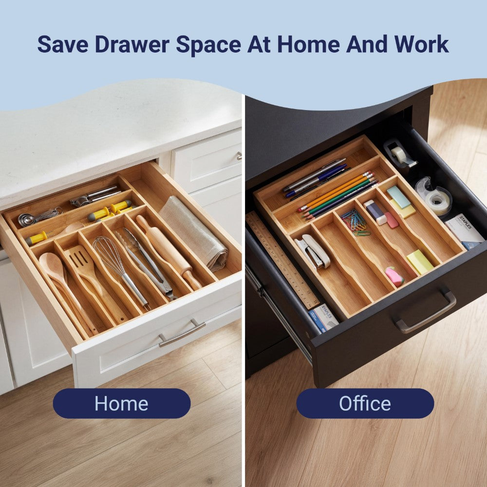 Sora 16.3 in. W x 12.3 in. D x 2 in. H Modern Farmhouse Handcrafted Bamboo 7-Slot Kitchen Drawer Organizer