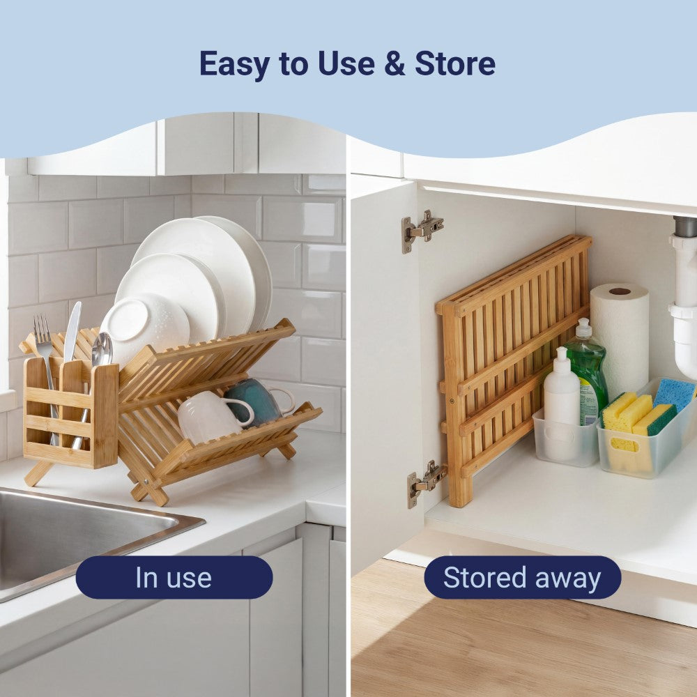 Bliss Farmhouse Bamboo Foldable 2-Tier Dish Drying Rack with Detachable Utensil Holder