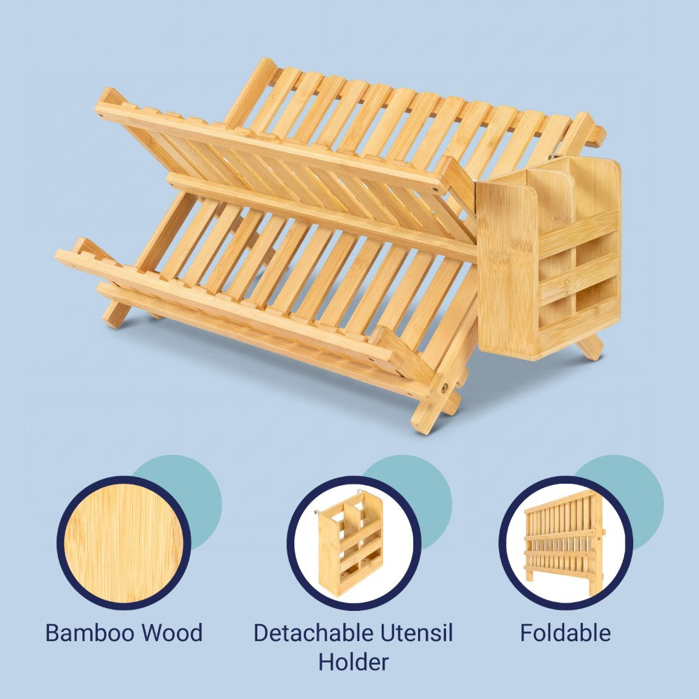 Bliss Farmhouse Bamboo Foldable 2-Tier Dish Drying Rack with Detachable Utensil Holder