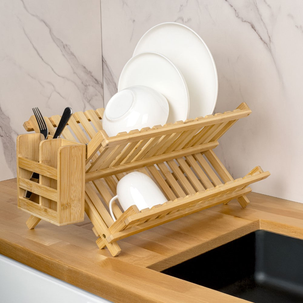 Bliss Farmhouse Bamboo Foldable 2-Tier Dish Drying Rack with Detachable Utensil Holder