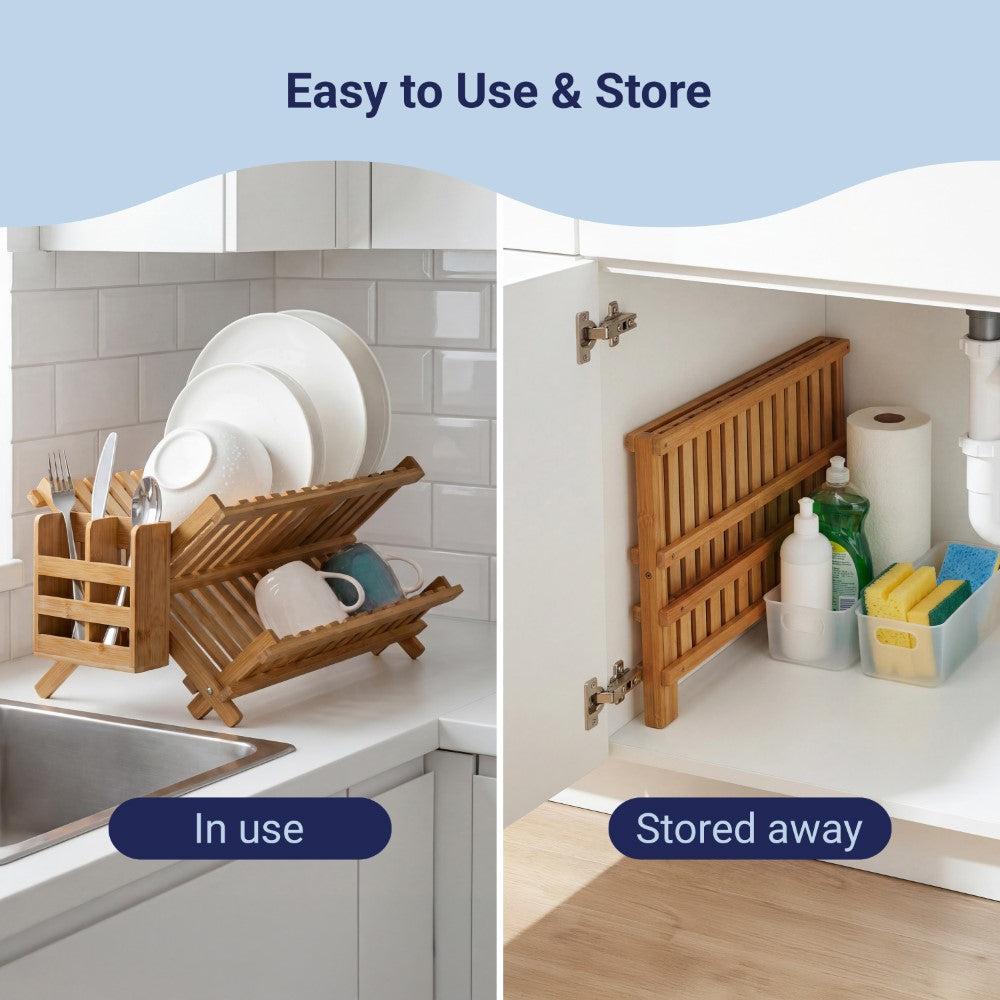 Bliss Farmhouse Bamboo Foldable 2-Tier Dish Drying Rack with Detachable Utensil Holder