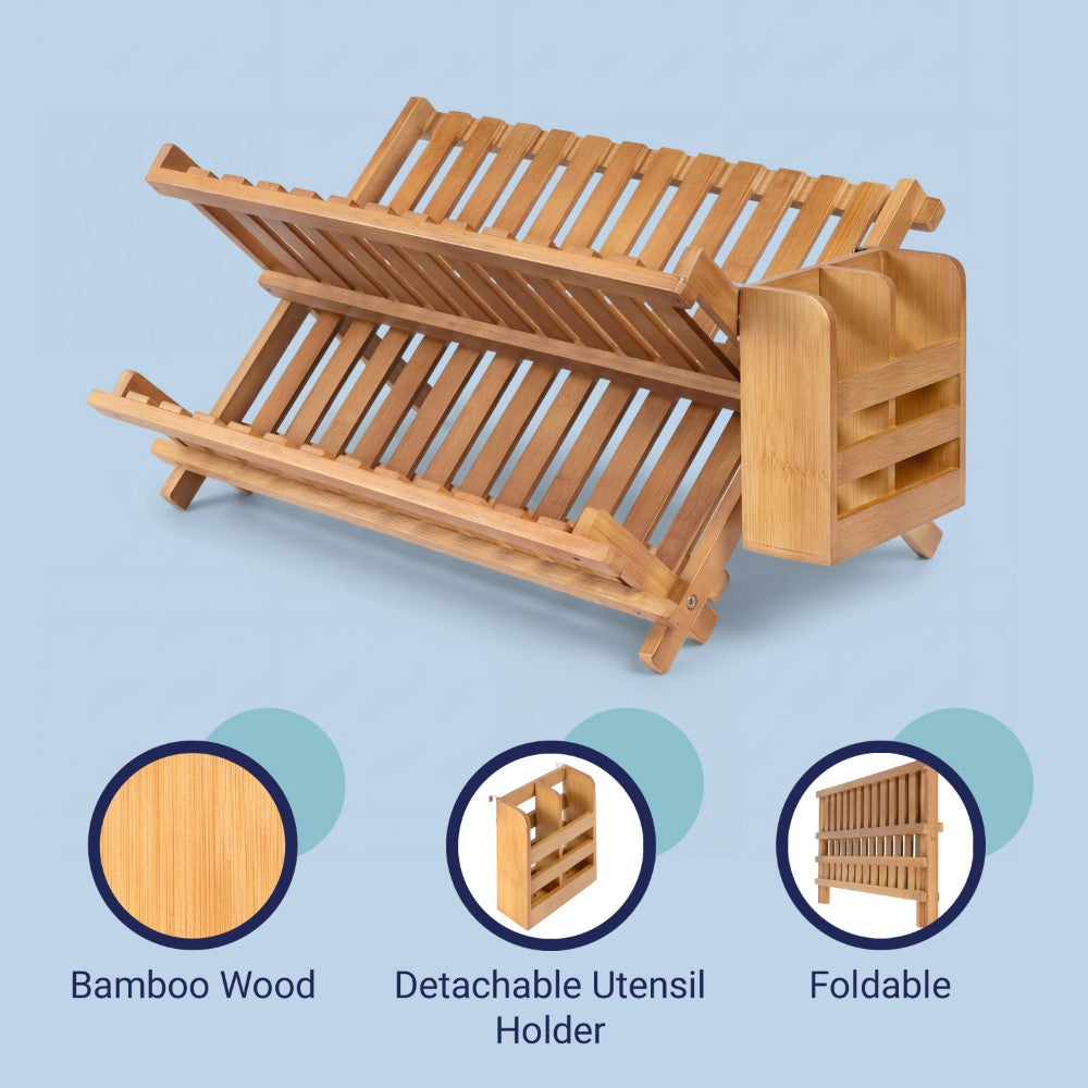 Bliss Farmhouse Bamboo Foldable 2-Tier Dish Drying Rack with Detachable Utensil Holder