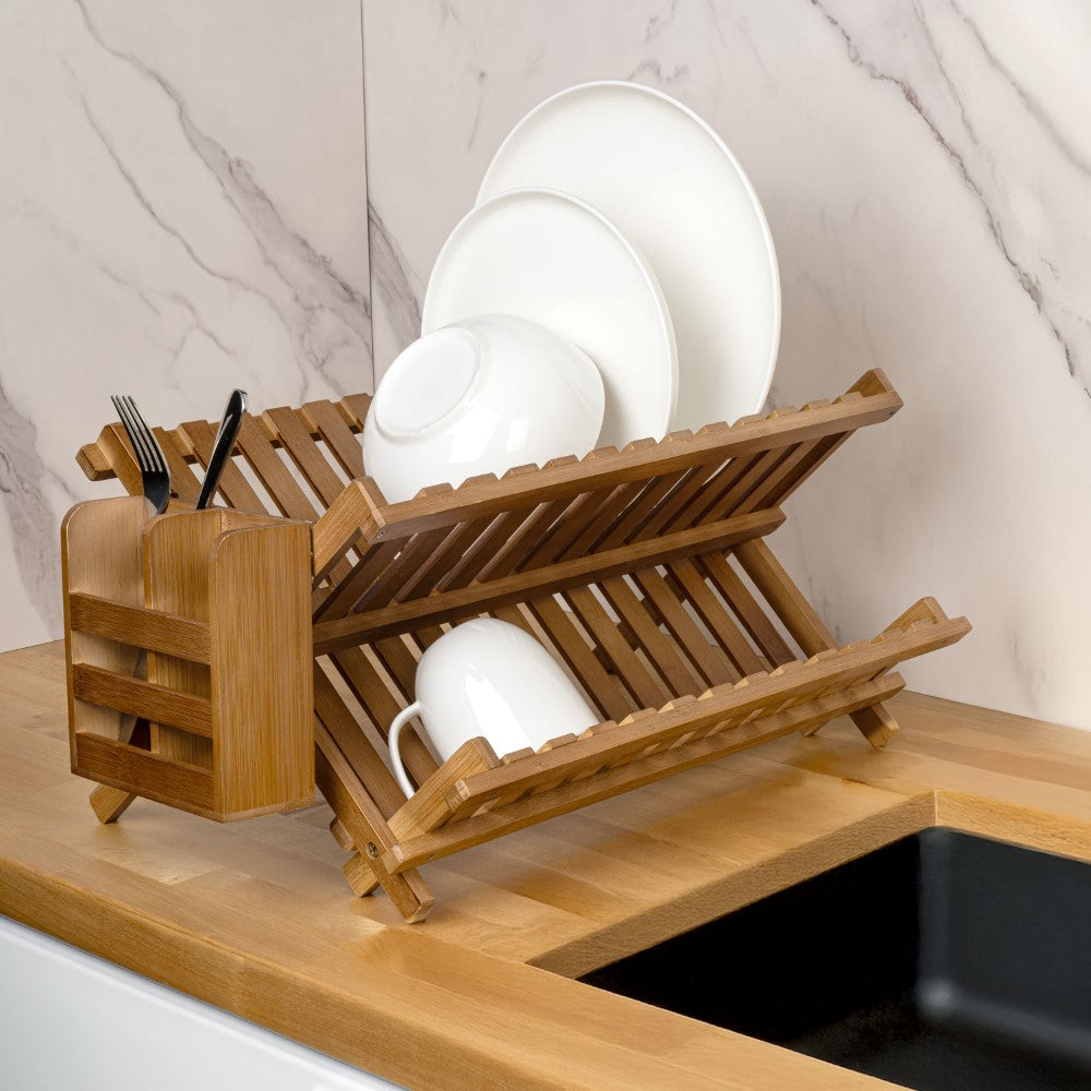 Bliss Farmhouse Bamboo Foldable 2-Tier Dish Drying Rack with Detachable Utensil Holder