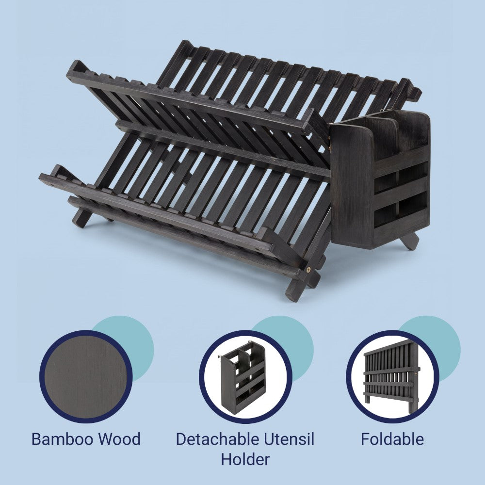 Bliss Farmhouse Bamboo Foldable 2-Tier Dish Drying Rack with Detachable Utensil Holder
