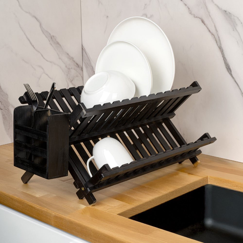 Bliss Farmhouse Bamboo Foldable 2-Tier Dish Drying Rack with Detachable Utensil Holder