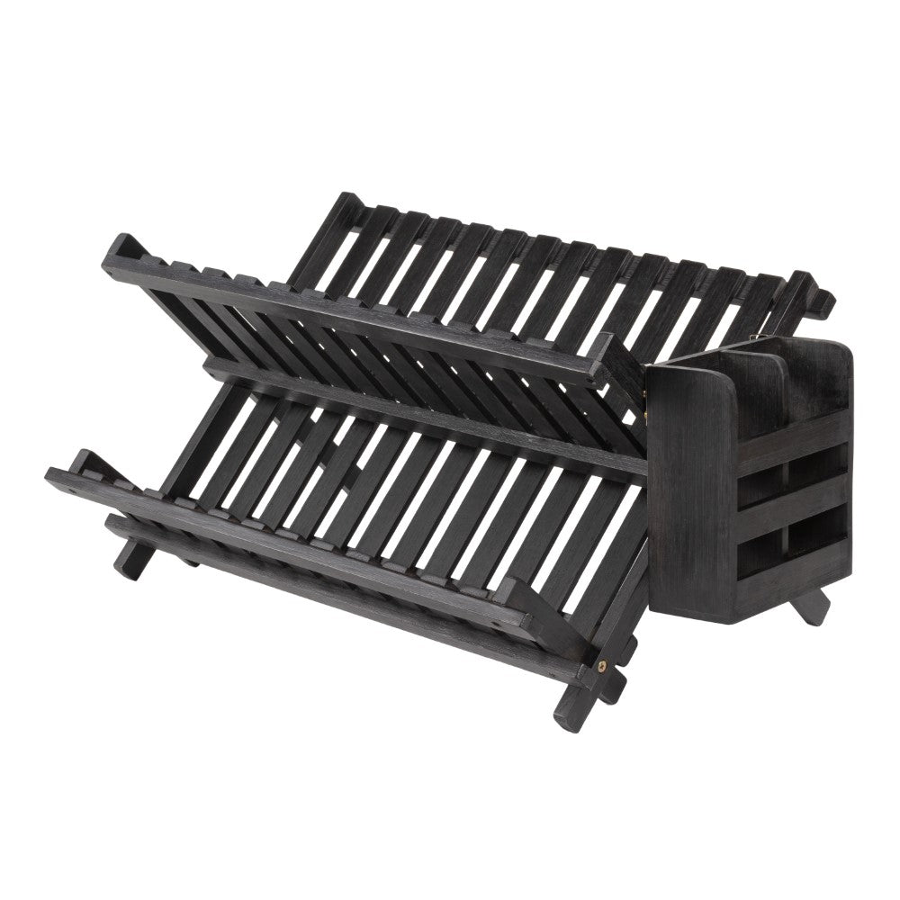 Bliss Farmhouse Bamboo Foldable 2-Tier Dish Drying Rack with Detachable Utensil Holder