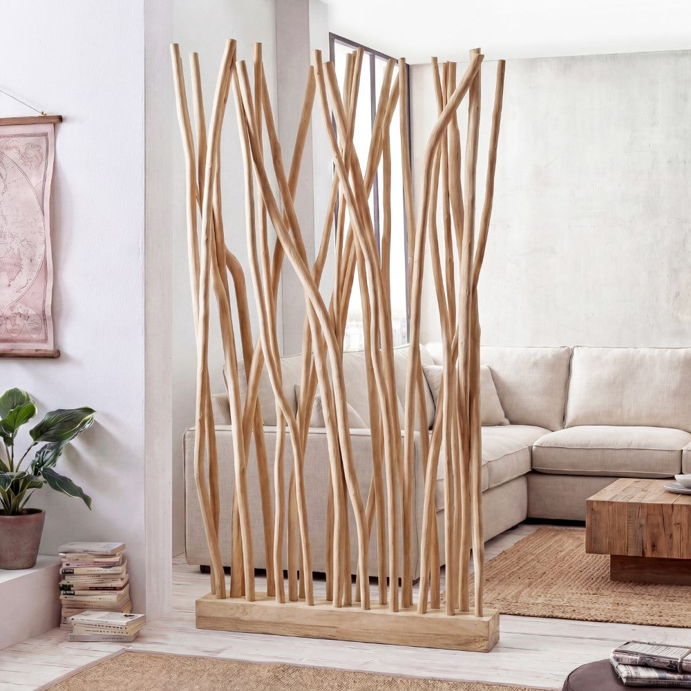 Velmora 39"W x 68"H Coastal Bohemian Handcrafted Teak Branch Single Panel Room Divider