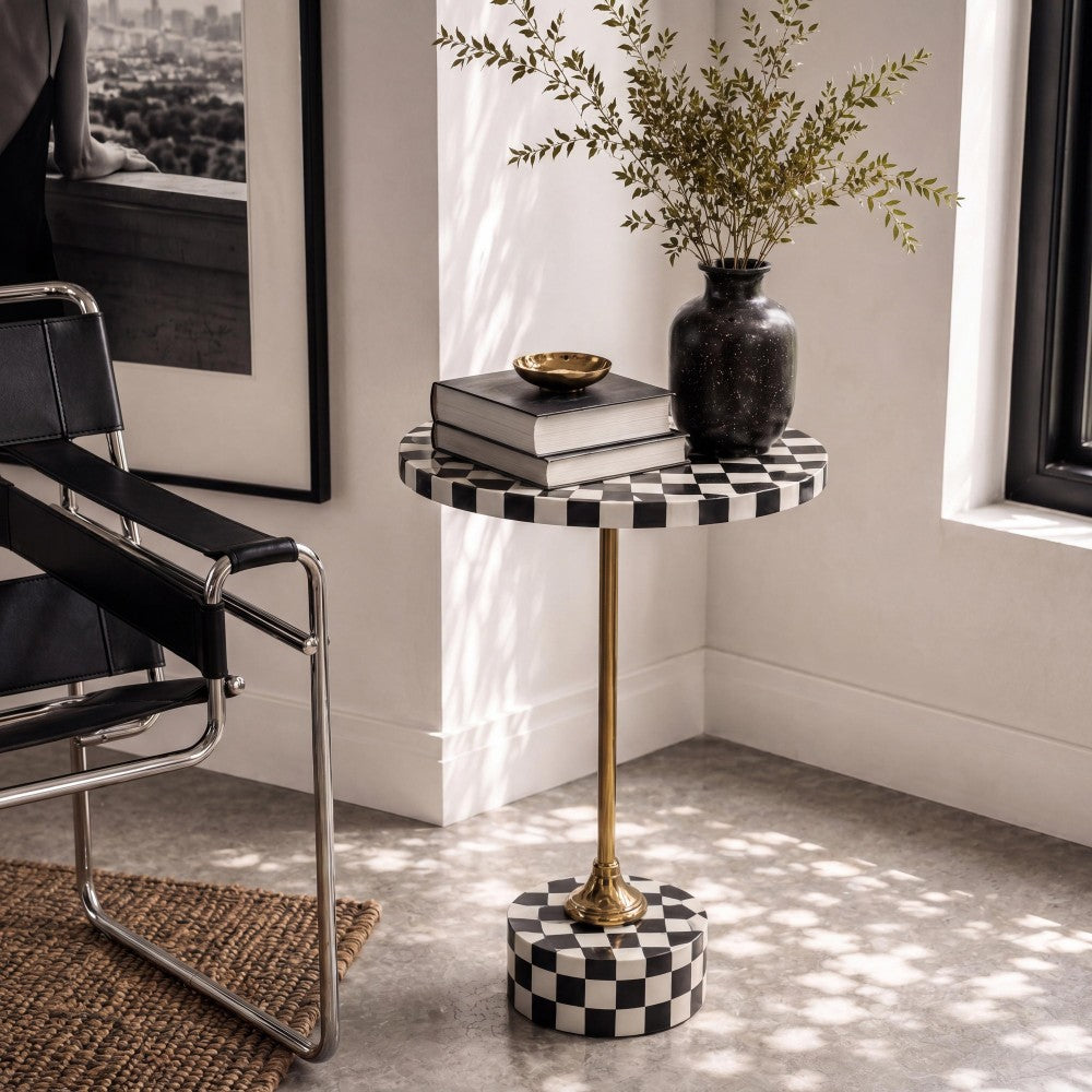 Falix 24" Art Deco Metal/Resin Checkerboard Round Drink Table