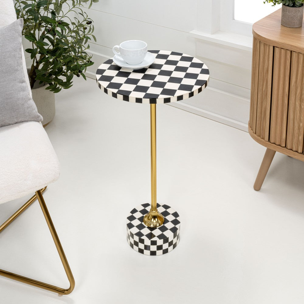 Falix 24" Art Deco Metal/Resin Checkerboard Round Drink Table
