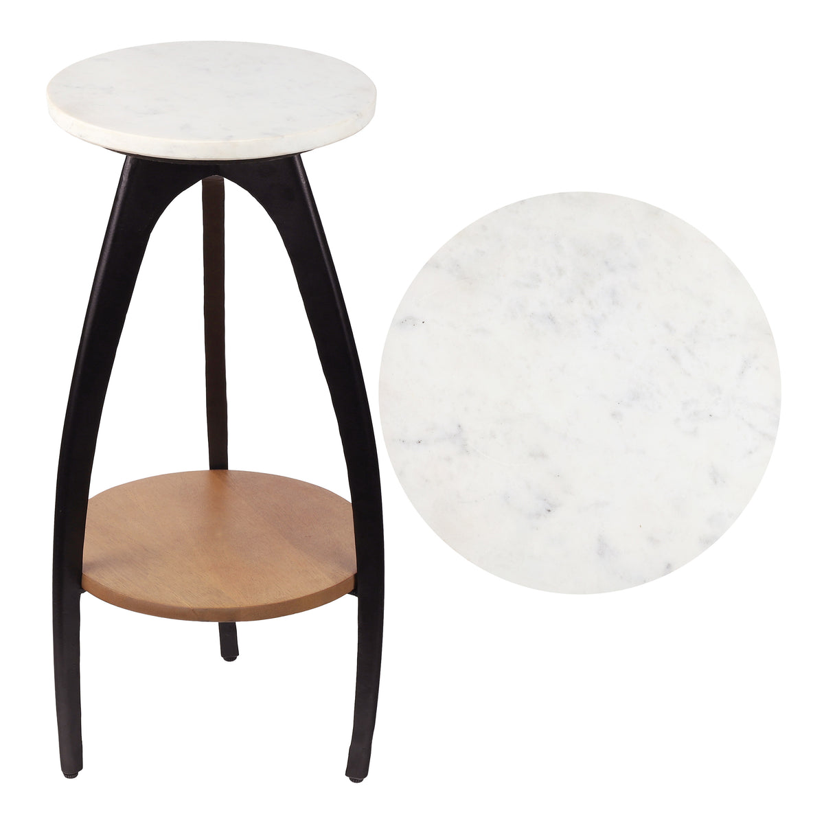Calyra 24.5" Designer Farmhouse Metal Tripod Drink Table and Decorative End Table with White Marble Round Top and Wood Undershelf