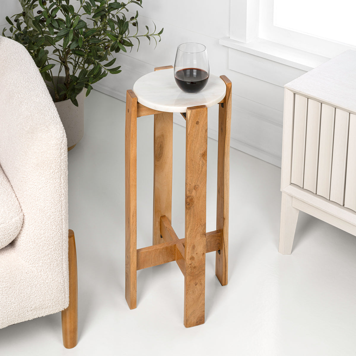 Elmora 24" Minimalist Structured Wood Drink Table and Decorative End Table with White Marble Round Top