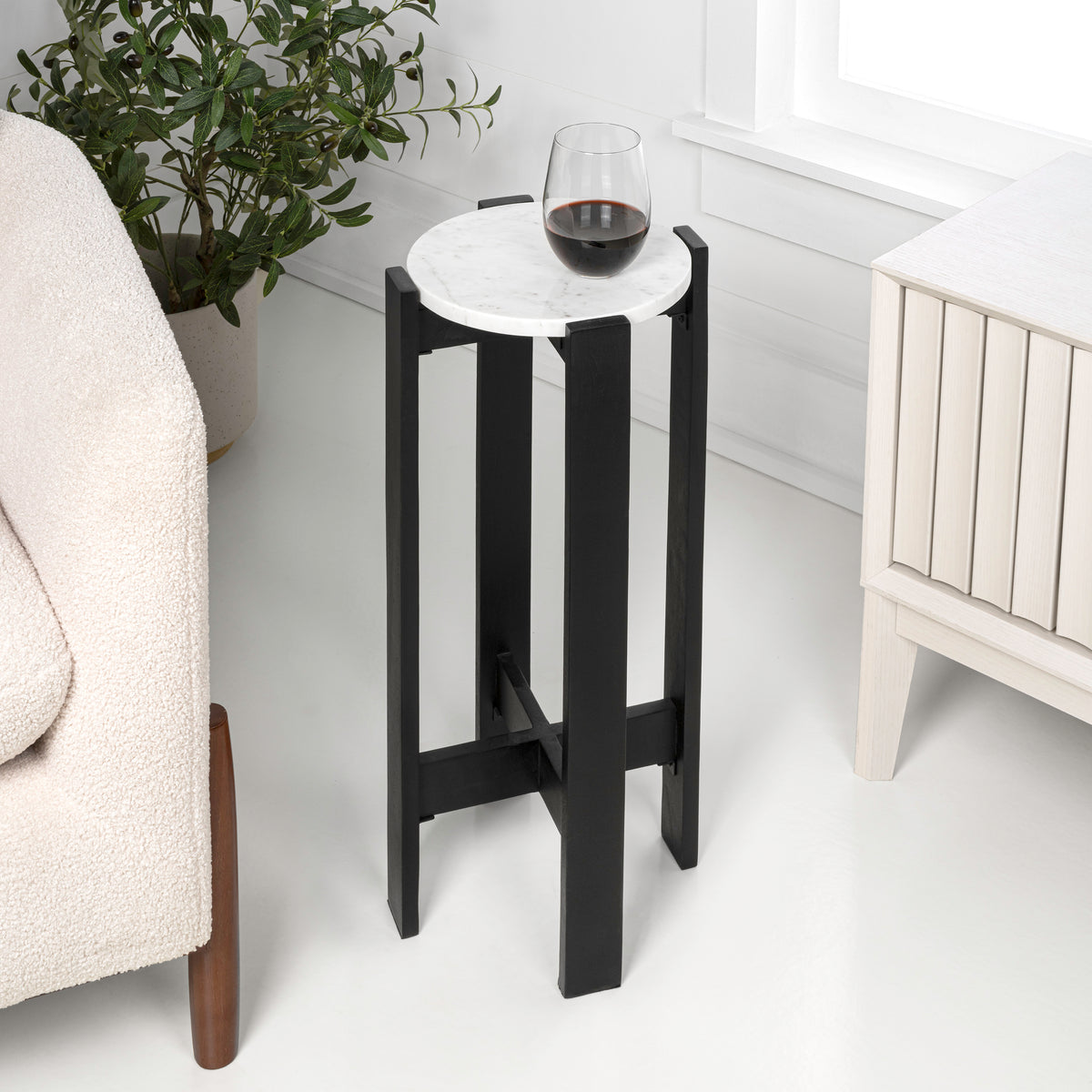Elmora 24" Minimalist Structured Wood Drink Table and Decorative End Table with White Marble Round Top