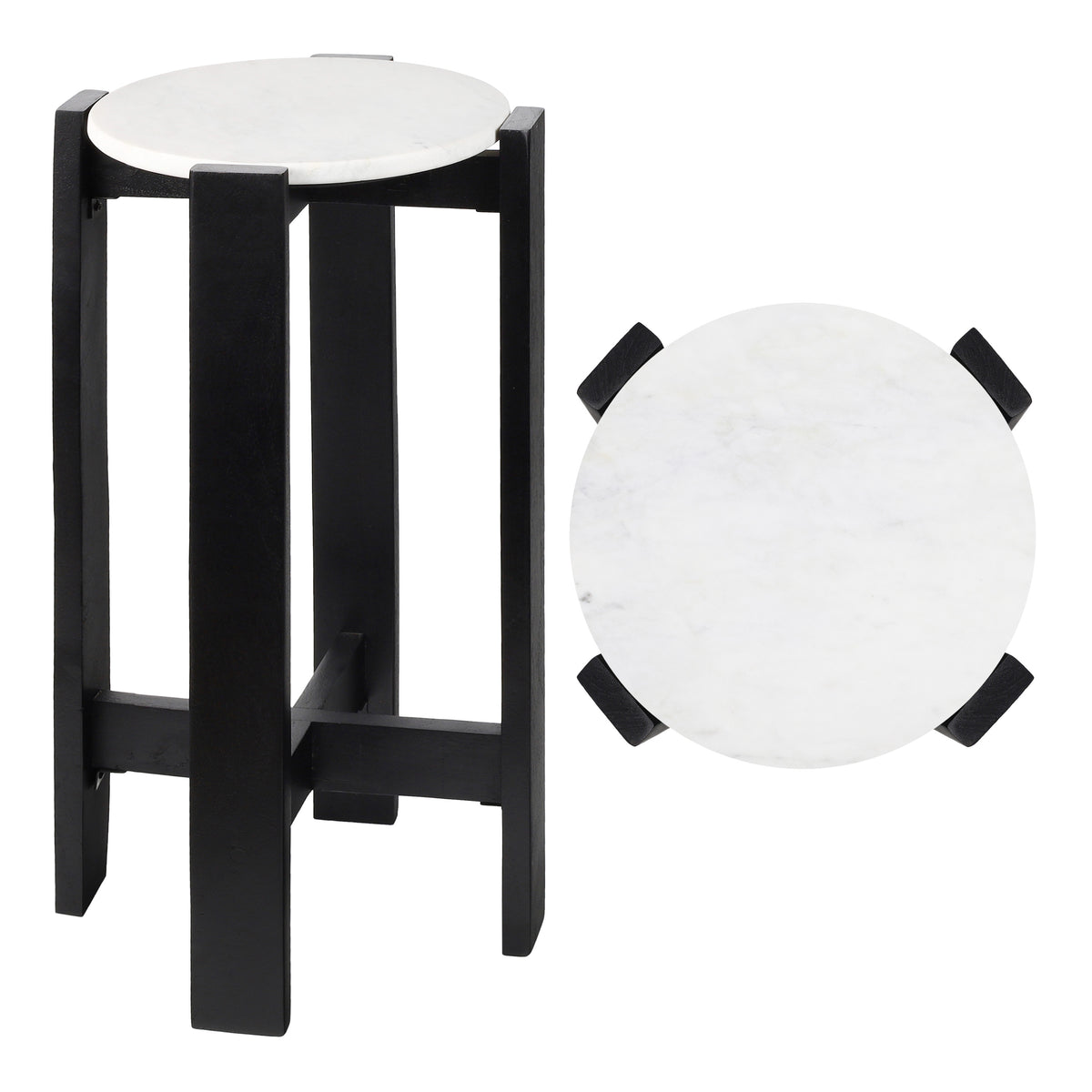 Elmora 24" Minimalist Structured Wood Drink Table and Decorative End Table with White Marble Round Top