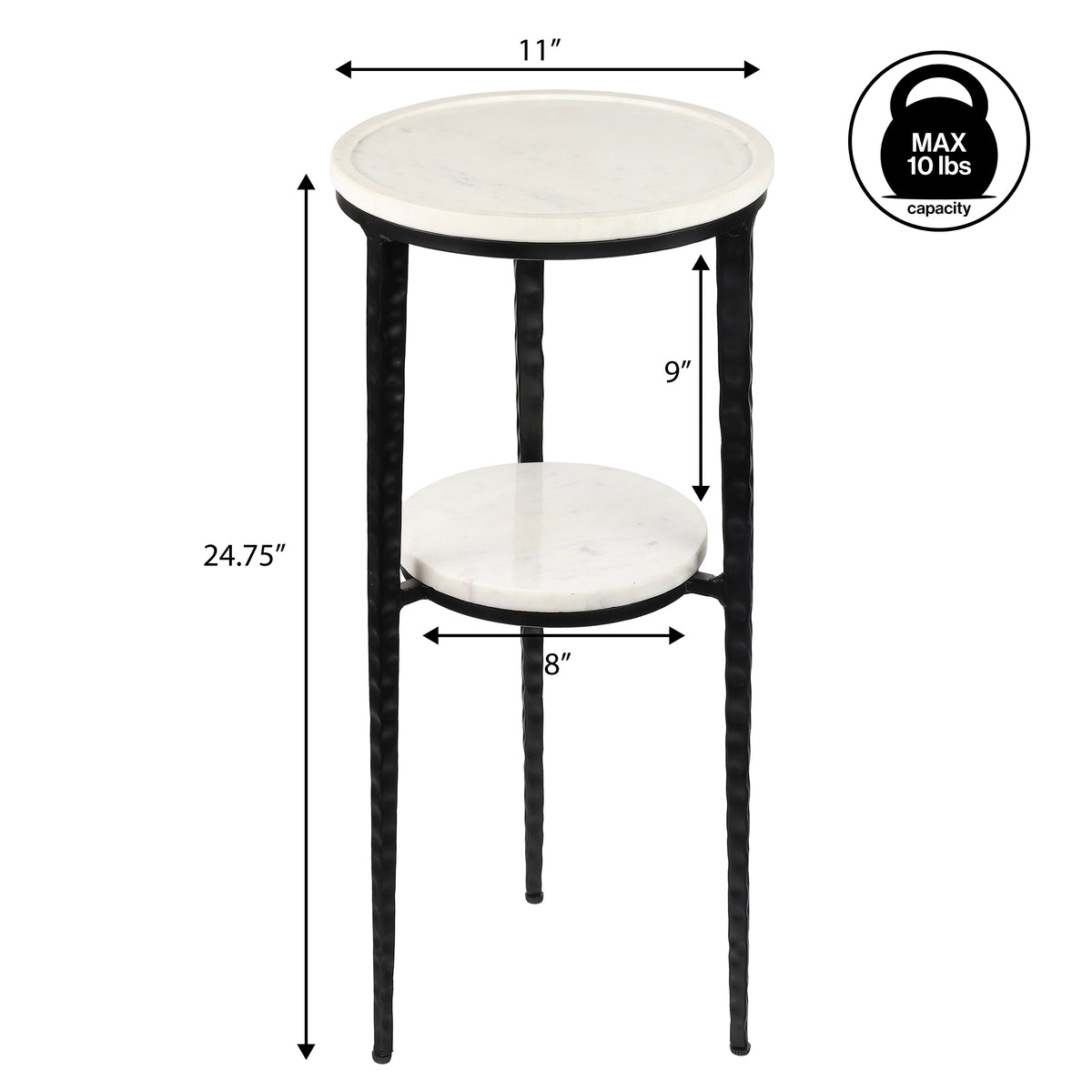 Grain 24.75" Industrial 2-Tier Metal Frame Drink Table and Decorative End Table with White Marble Round Top