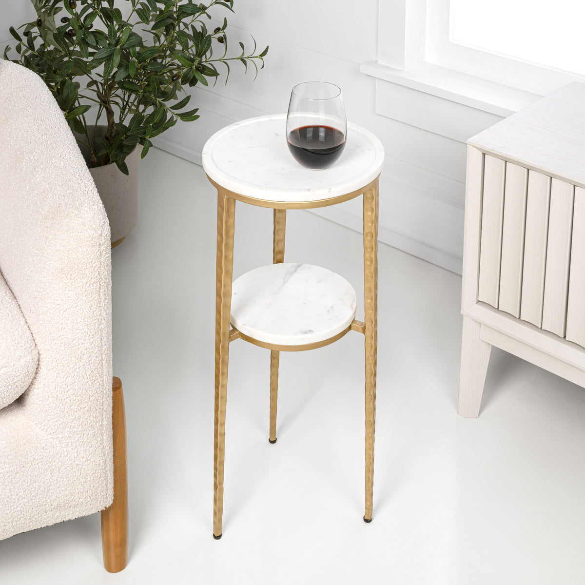 Grain 24.75" Industrial 2-Tier Metal Frame Drink Table and Decorative End Table with White Marble Round Top