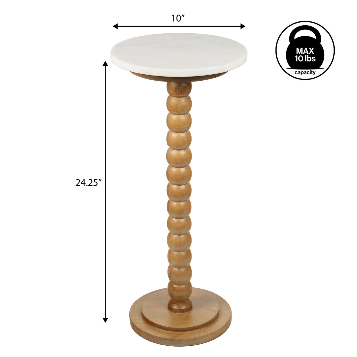 Maple 24.25" Rustic Farmhouse Spindle Wood Drink Table and Decorative End Table with White Marble Round Top