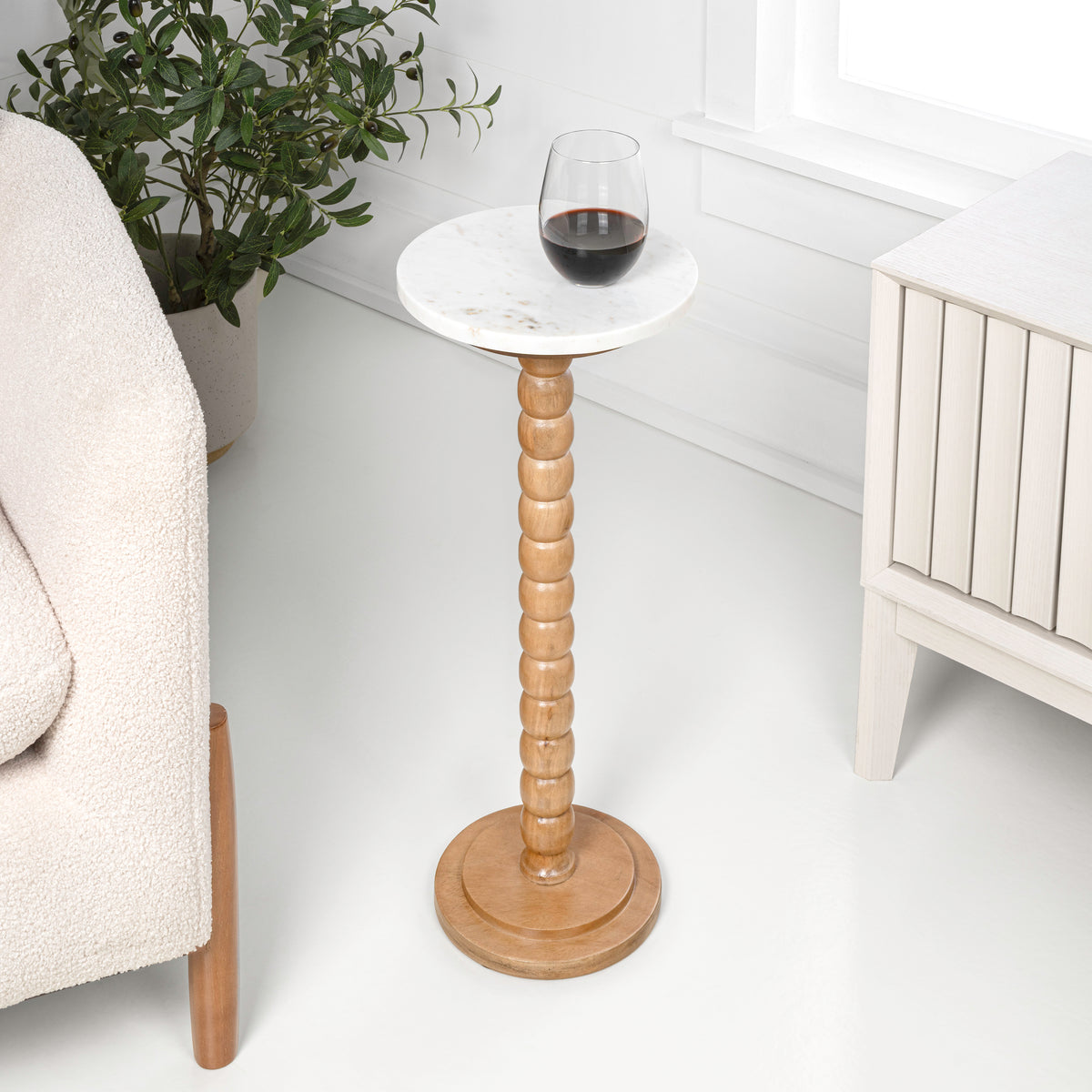 Maple 24.25" Rustic Farmhouse Spindle Wood Drink Table and Decorative End Table with White Marble Round Top