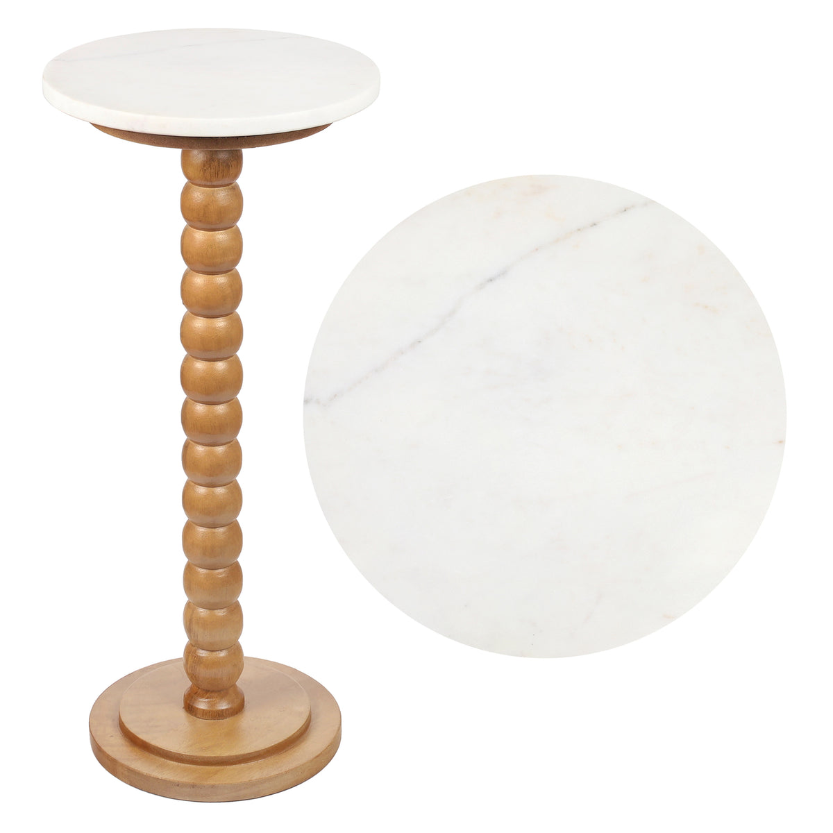 Maple 24.25" Rustic Farmhouse Spindle Wood Drink Table and Decorative End Table with White Marble Round Top