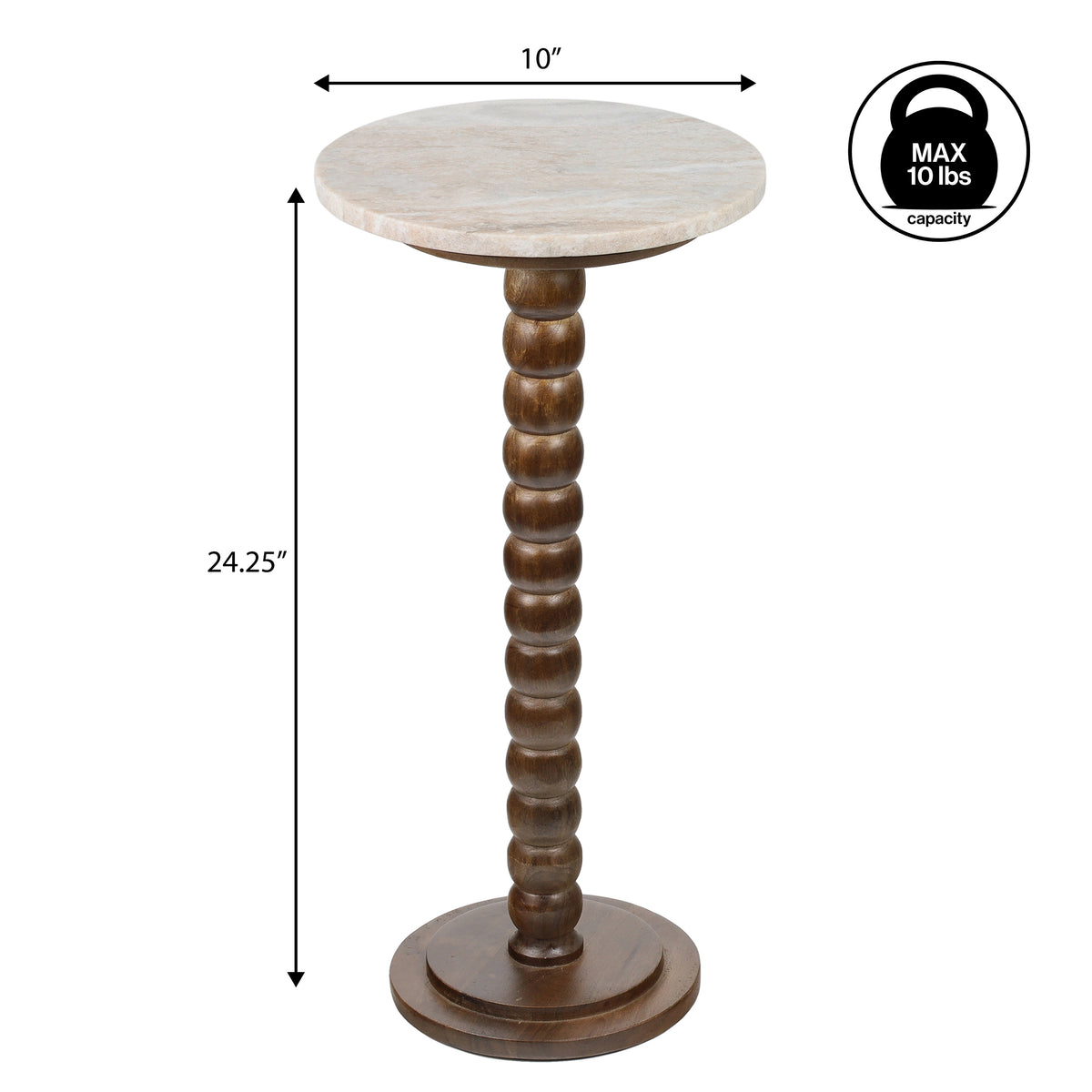 Maple 24.25" Rustic Farmhouse Spindle Wood Drink Table and Decorative End Table with White Marble Round Top