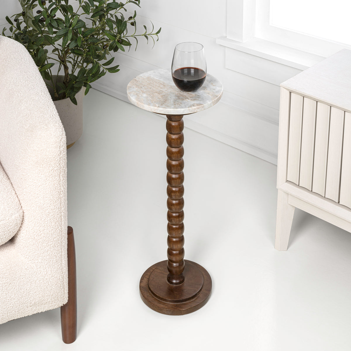 Maple 24.25" Rustic Farmhouse Spindle Wood Drink Table and Decorative End Table with White Marble Round Top