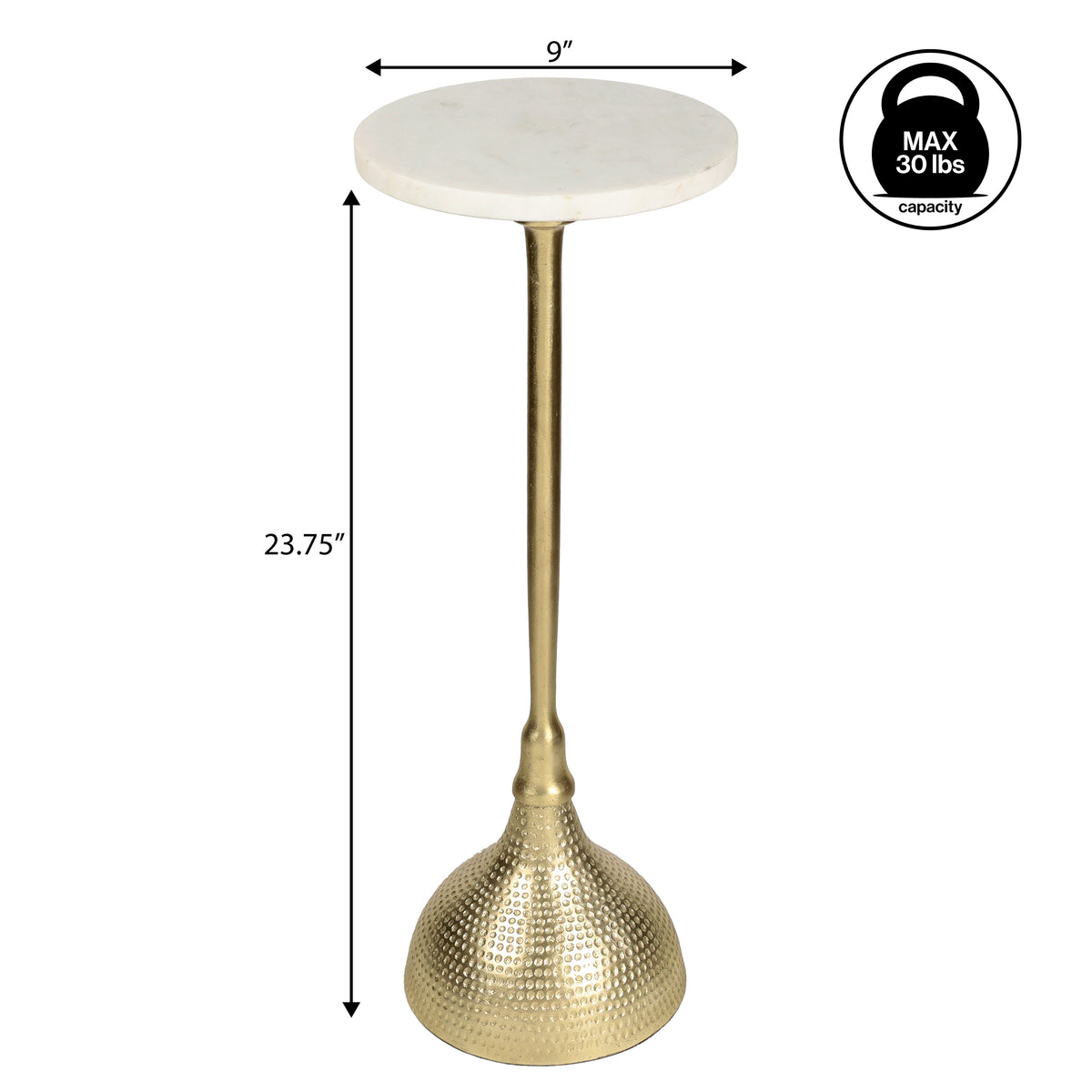 Sylva 23.75" Art Deco Contemporary Metal Pedestal Drink Table and Decorative End Table with White Marble Round Top and Hammered Base
