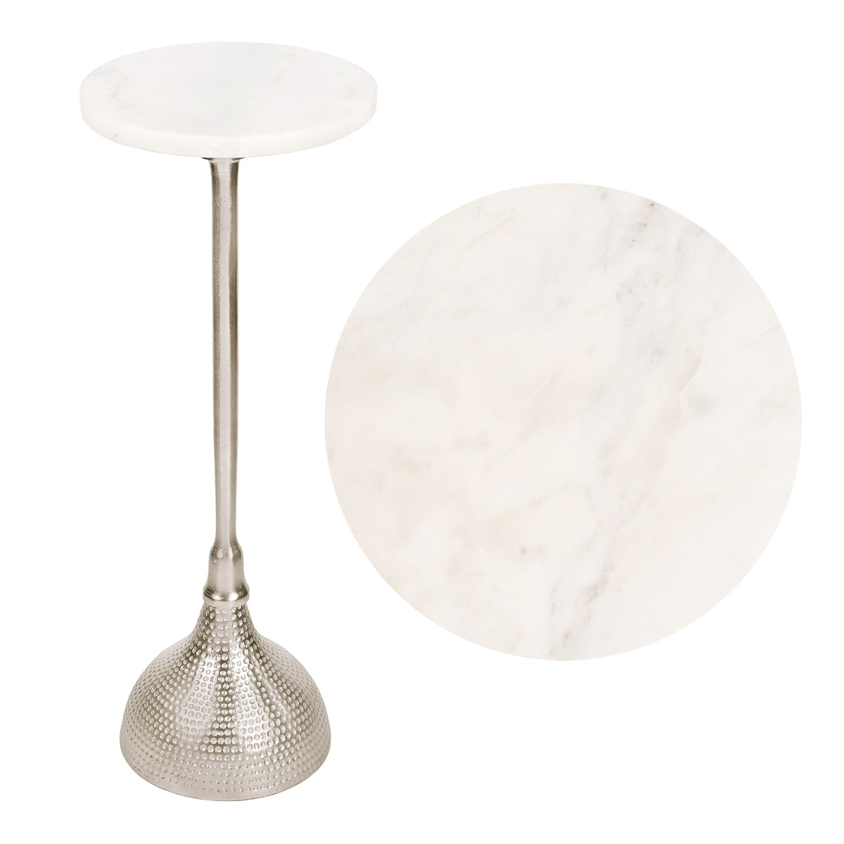 Sylva 23.75" Art Deco Contemporary Metal Pedestal Drink Table and Decorative End Table with White Marble Round Top and Hammered Base